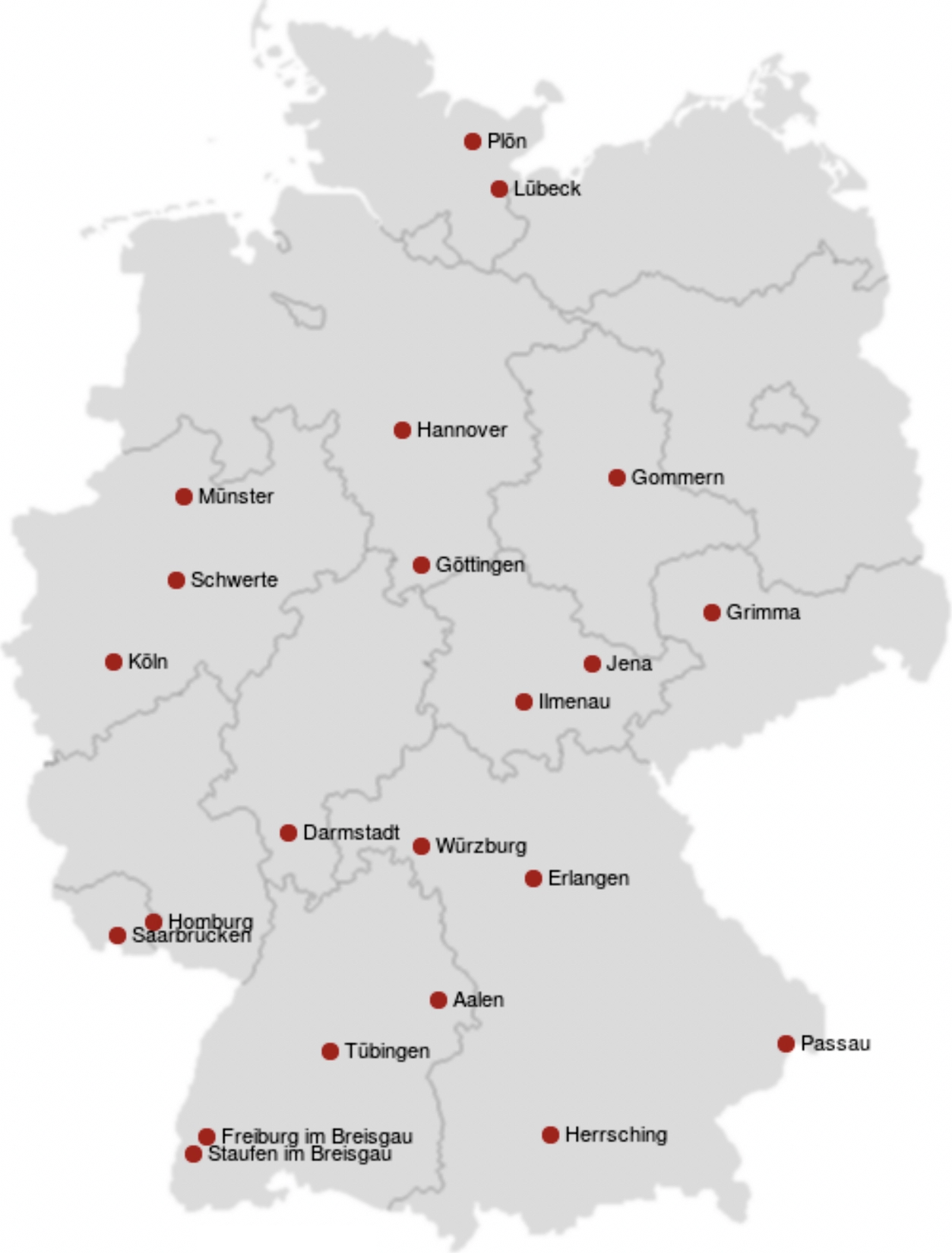 map of Germany with cities of former meetings